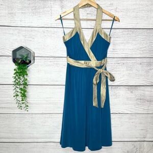 BCBG Paris Teal Blue & Shimmery Gold Belted Halter Mini Dress Size 4 Small
